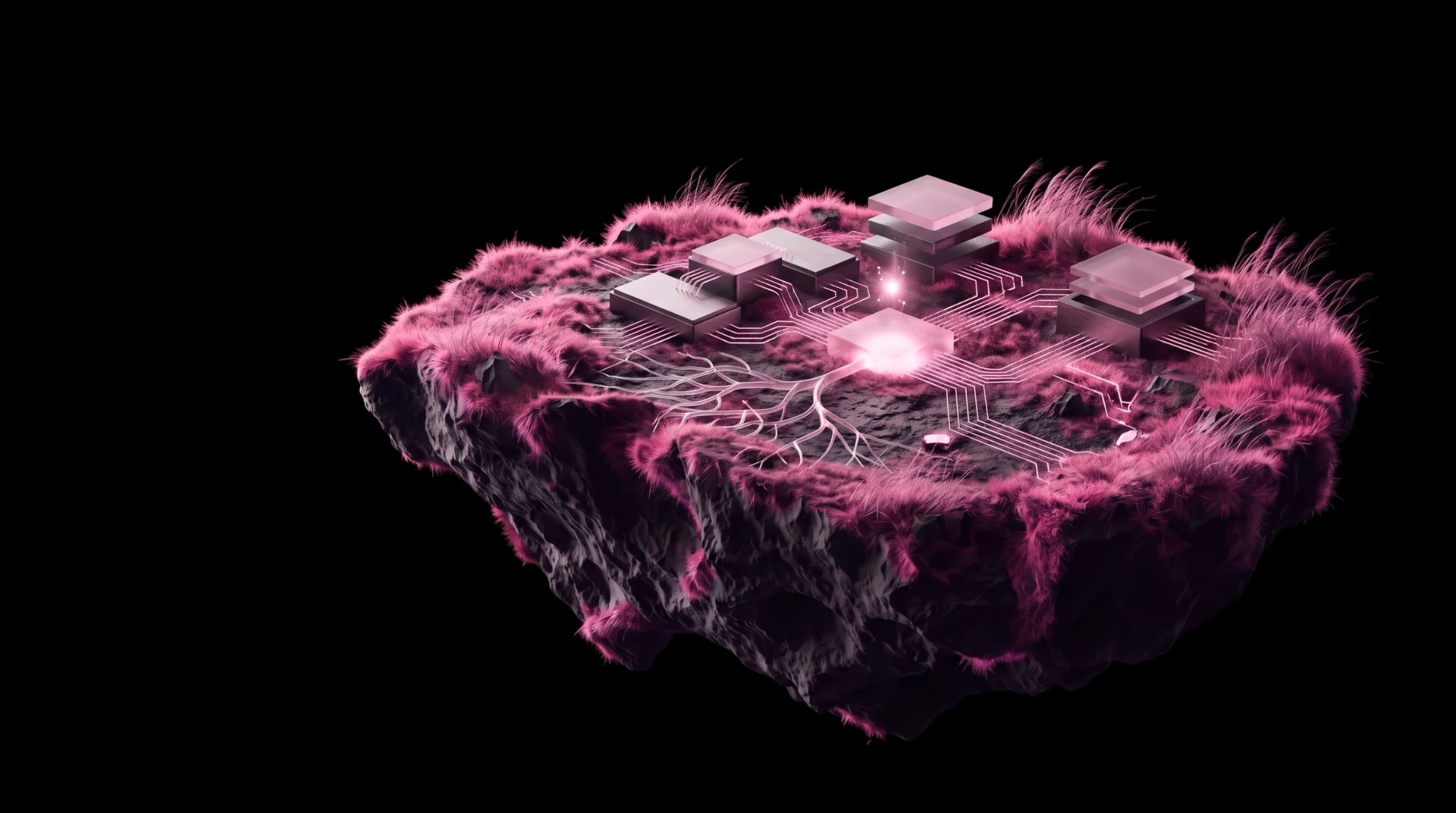 A floating island with pink grass and connected technology modules